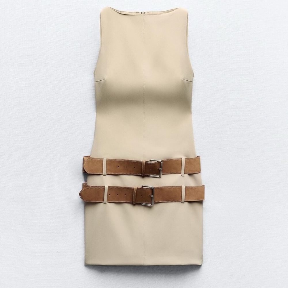 Zara Tan Sleeveless Dress with Brown Belts